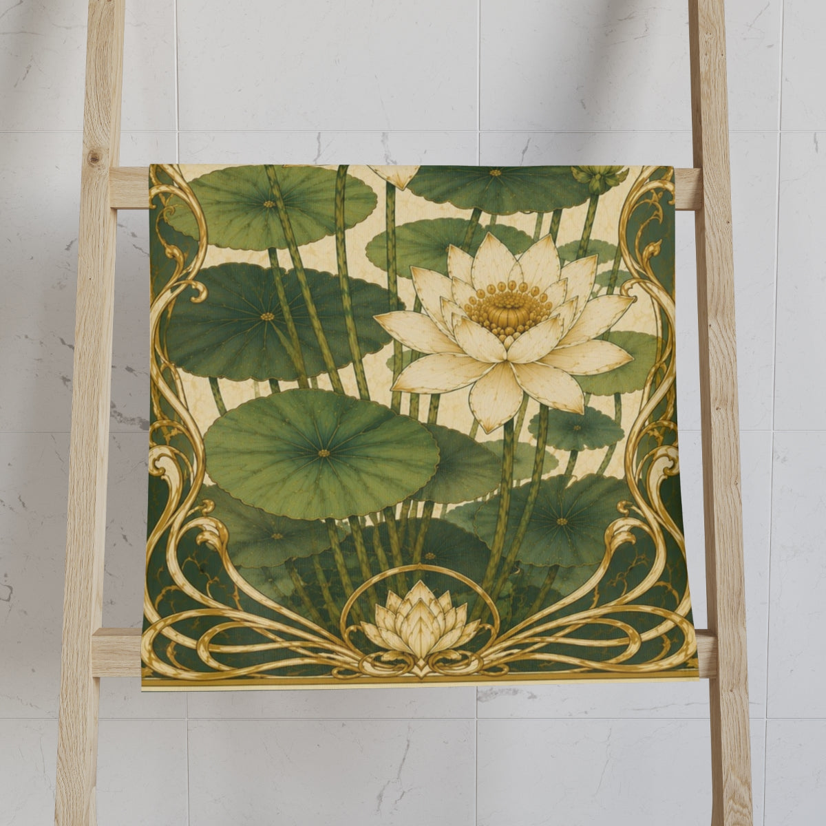 Art Nouveau Water Lily Bathroom 5-Piece Set Shower Curtain, Memory Foam Bath Mat Towel Set, French Country Chateaucore Botanical Decor