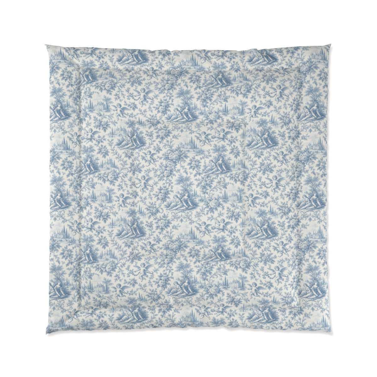 Powder Blue Chateau Toile Comforter or Duvet Set – French Country Cherub, Rose & Manor Bedding