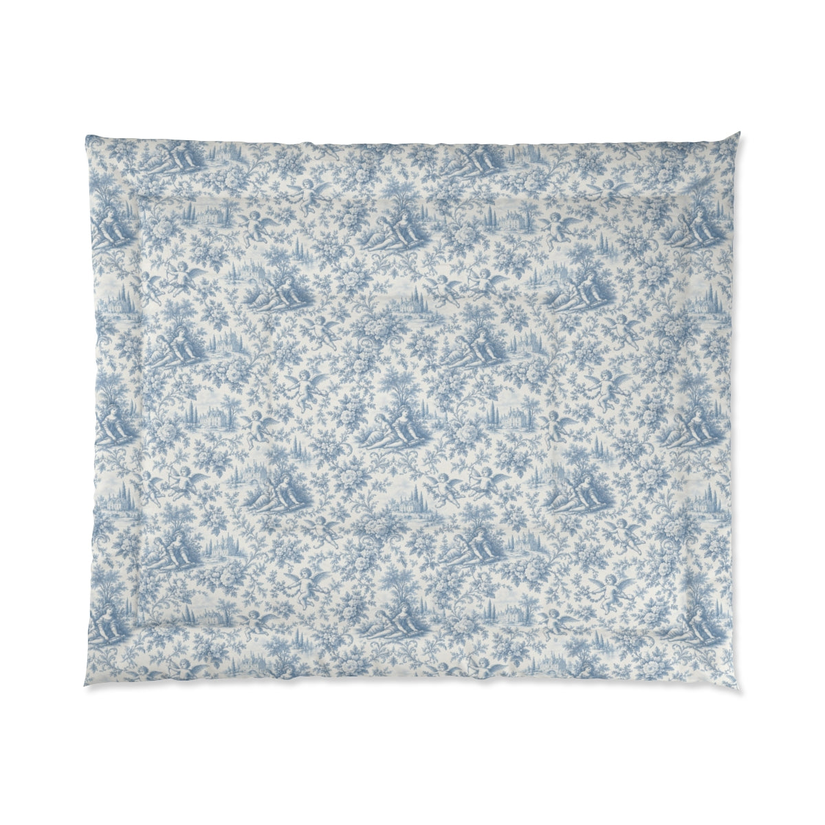 Powder Blue Chateau Toile Comforter or Duvet Set – French Country Cherub, Rose & Manor Bedding