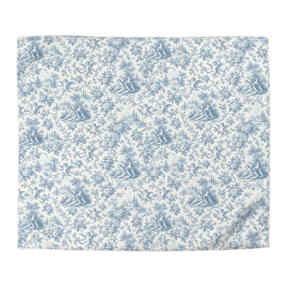 Powder Blue Chateau Toile Comforter or Duvet Set – French Country Cherub, Rose & Manor Bedding