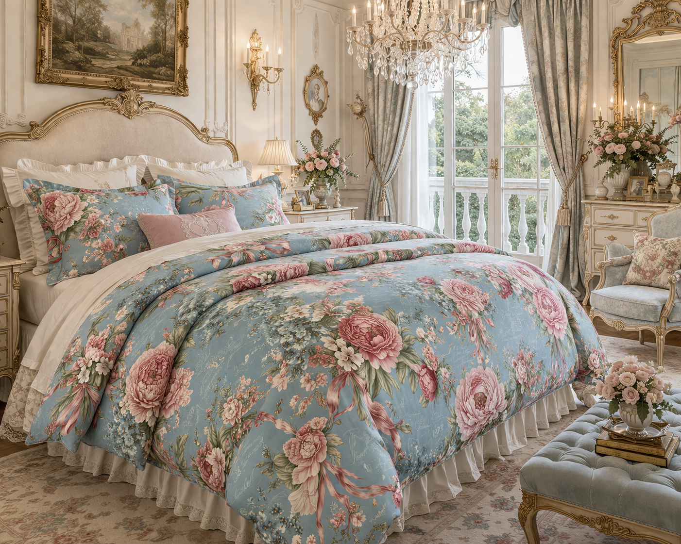 Chateaucore Dusty Blue Pink Floral Comforter Set Floral Vintage Style Bedding Shabby Chic Victorian Queen King Twin French Romantic Bed