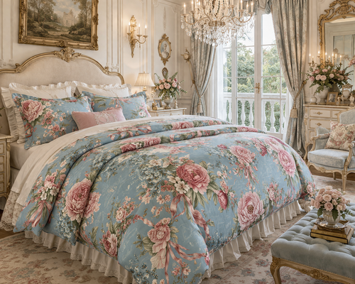 Chateaucore Dusty Blue Pink Floral Comforter Set Floral Vintage Style Bedding Shabby Chic Victorian Queen King Twin French Romantic Bed