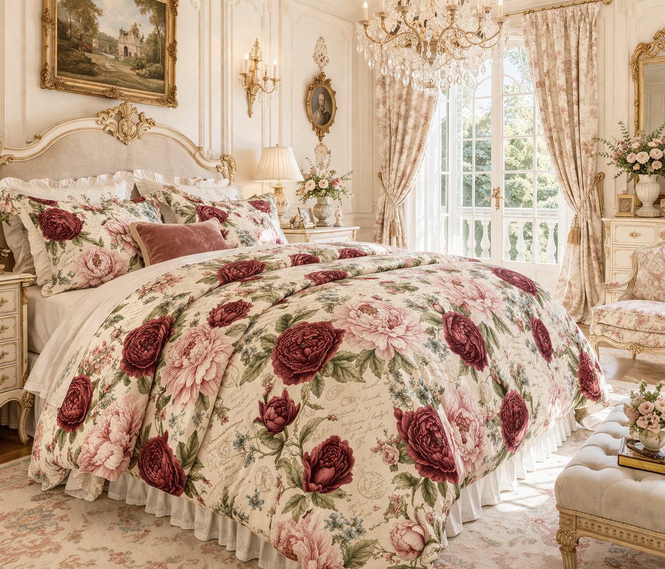 Chateaucore Soft Pink Burgundy Peonies Floral Comforter Set Floral Vintage Style Bedding Shabby Chic Victorian Queen King Twin French Romantic Bed