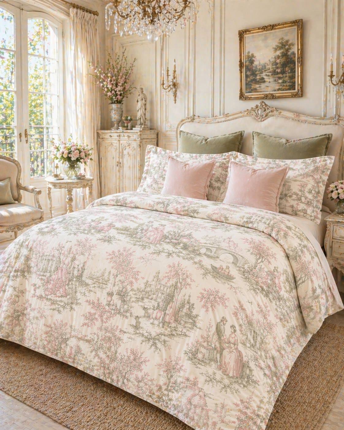Rare Pink and Sage Toile de Joy Comforter Set, Chateaucore Floral Vintage Style Bedding Shabby Chic Victorian Queen King Twin Size French Bed Spread