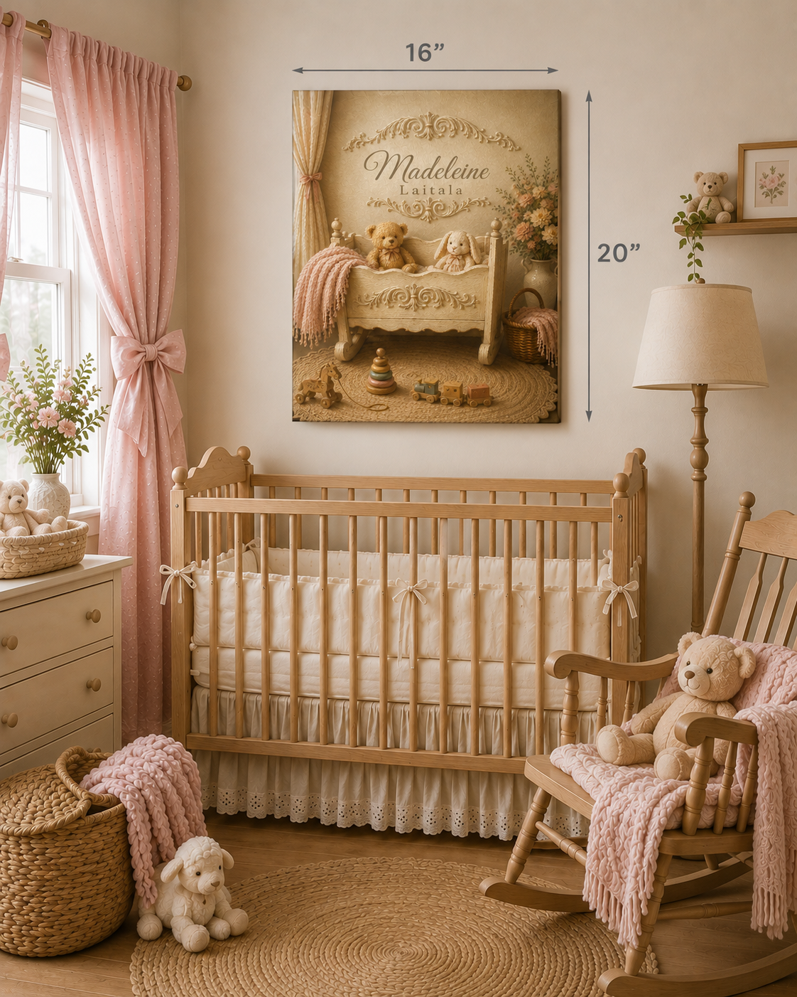 Personalized Nursery Canvas Wall Hanging – Vintage Cradle Toys Custom Name Baby Room Wall Art - Ready to Hang - Baby Shower Gift