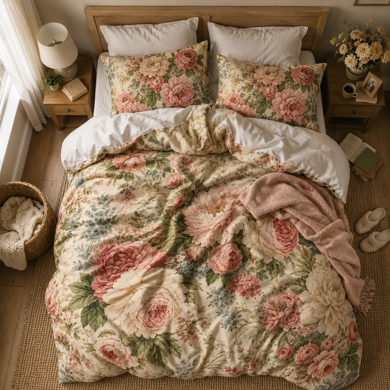 Chateaucore Soft Pink Peonies Roses Duvet Cover Set Floral Vintage Style Bedding Shabby Chic Victorian Queen King Twin French Romantic Bed