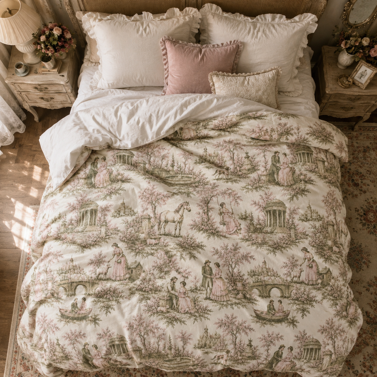 Rare Pink and Sage Toile de Joy Comforter Set, Chateaucore Floral Vintage Style Bedding Shabby Chic Victorian Queen King Twin Size French Bed Spread