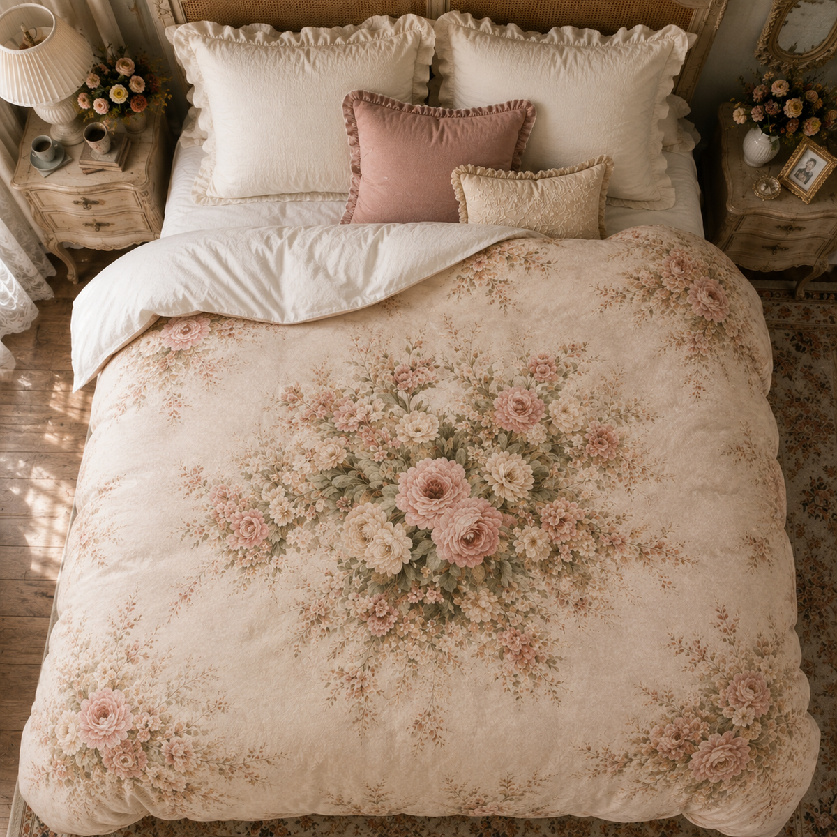 Pink Rose Peony Comforter or Duvet Cover Set, French Country Chateaucore Bedding – Romantic Floral Bedspread