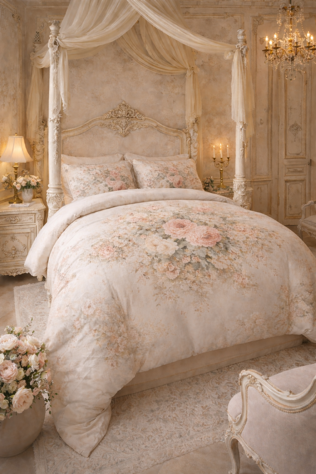 Cotton Chateaucore Soft Rose Bouquet 100% Cotton Comforter | Shabby Chic French Country Pink Peonies Roses Medallion