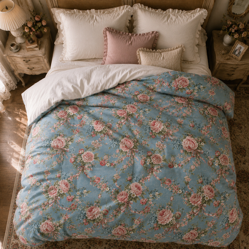Chateaucore Dusty Blue Pink Floral Comforter Set Floral Vintage Style Bedding Shabby Chic Victorian Queen King Twin French Romantic Bed