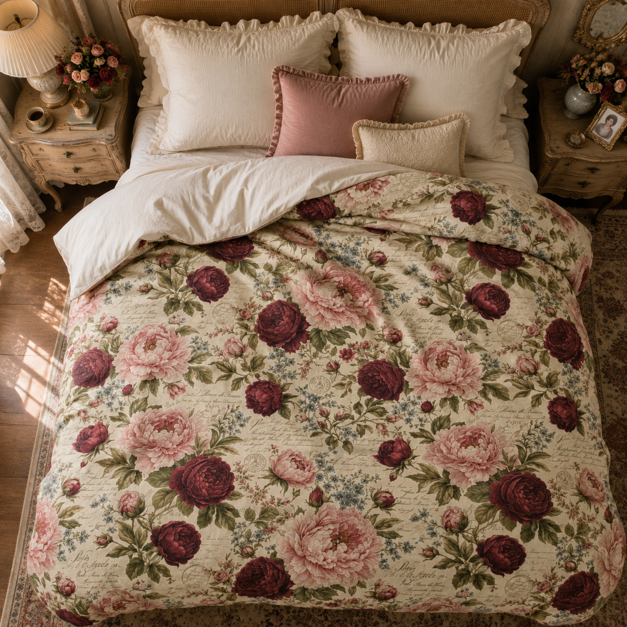 Chateaucore Soft Pink Burgundy Peonies Floral Comforter Set Floral Vintage Style Bedding Shabby Chic Victorian Queen King Twin French Romantic Bed