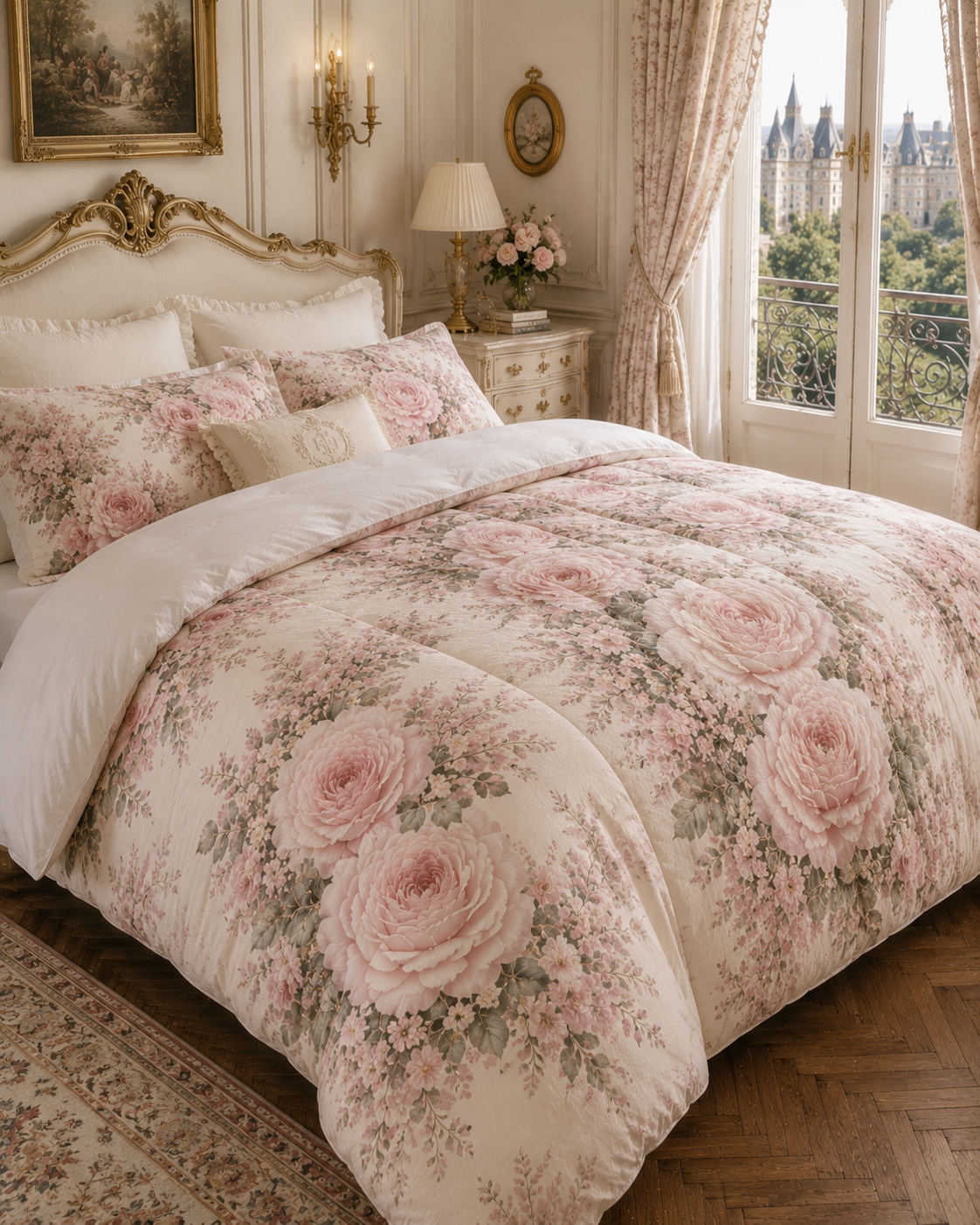 Blush Peony Floral Comforter Bedding Shabby Chic Chateaucore Victorian French Cottagecore Queen King Twin Size Decor Wedding Bed Spread Gift