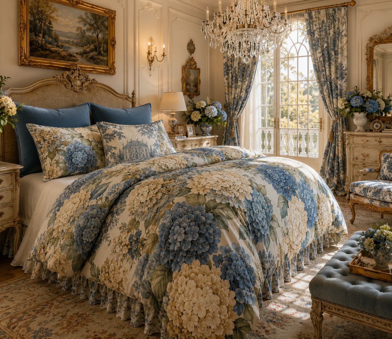 Chateaucore Dusty Blue Hydrangea Comforter Set Floral Vintage Style Bedding Shabby Chic Victorian Queen King Twin French Romantic Bed