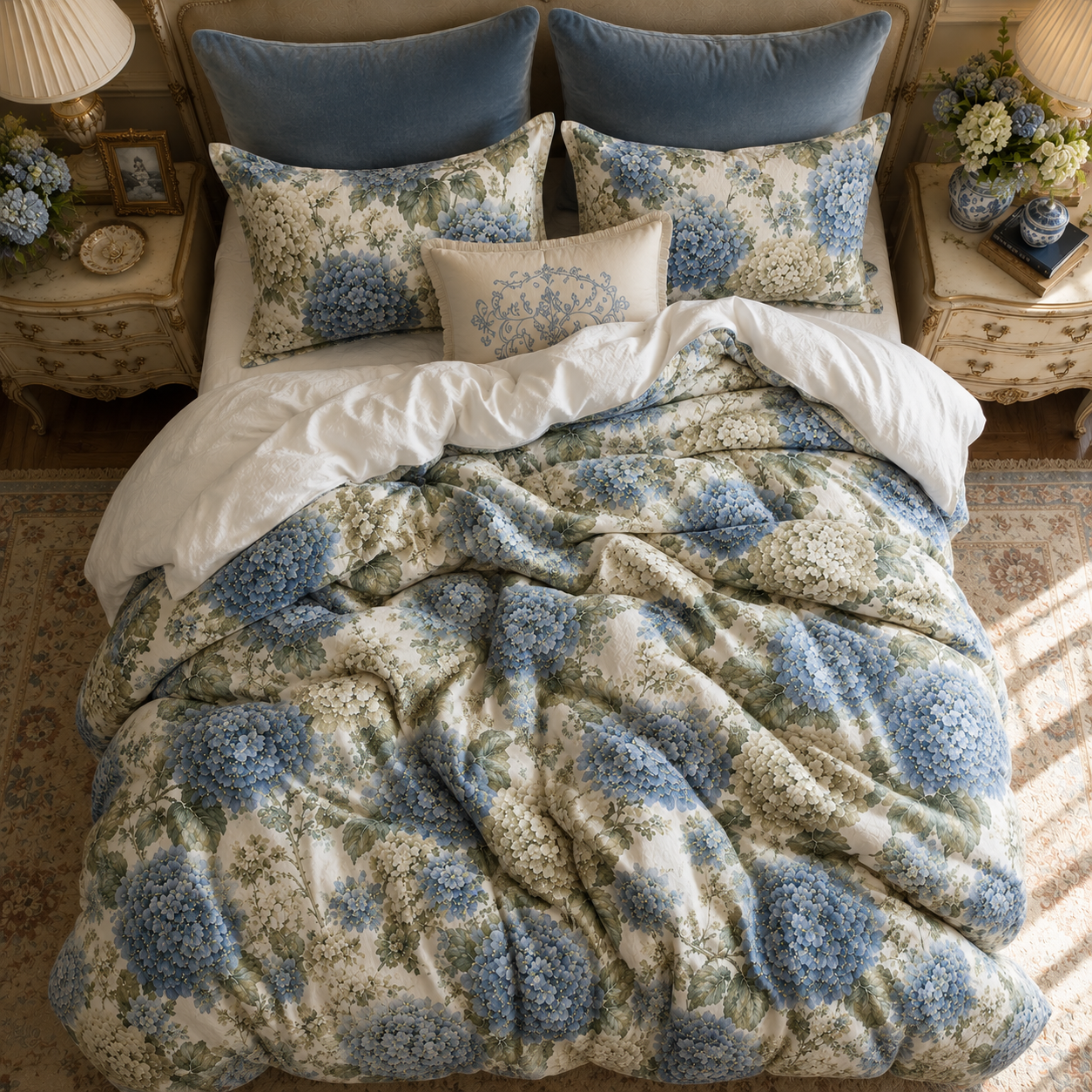 Chateaucore Dusty Blue Hydrangea Comforter Set Floral Vintage Style Bedding Shabby Chic Victorian Queen King Twin French Romantic Bed