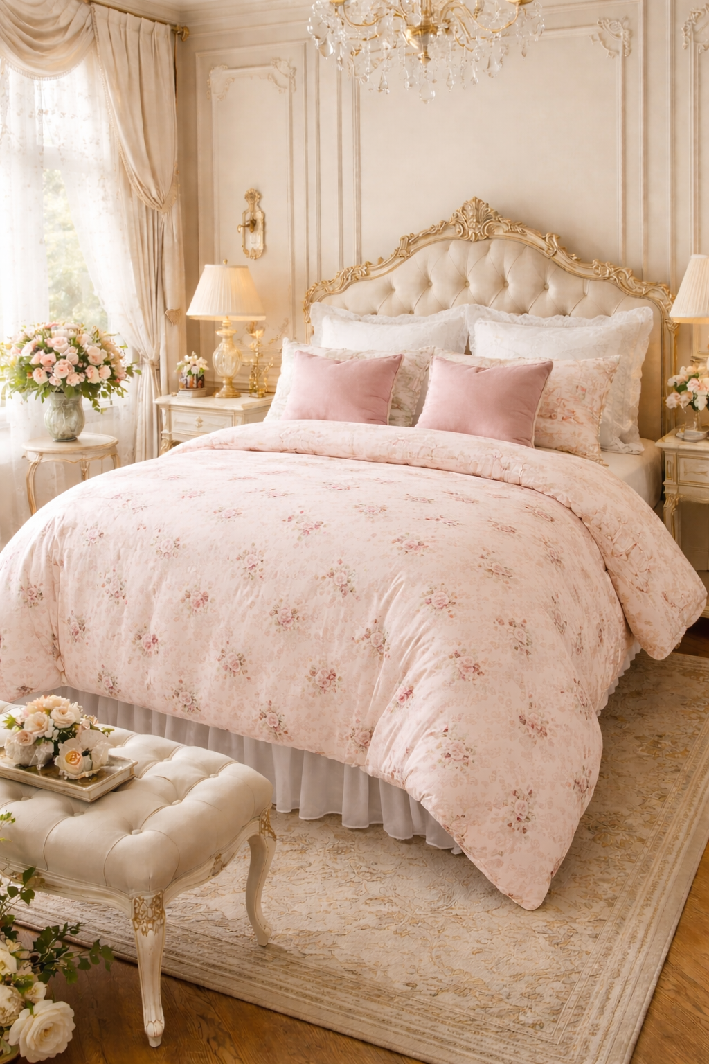 Chateaucore Pink Rose Bunches Comforter Set Floral French Country Bedding Shabby Chic Romantic Victorian Queen King Twin Size