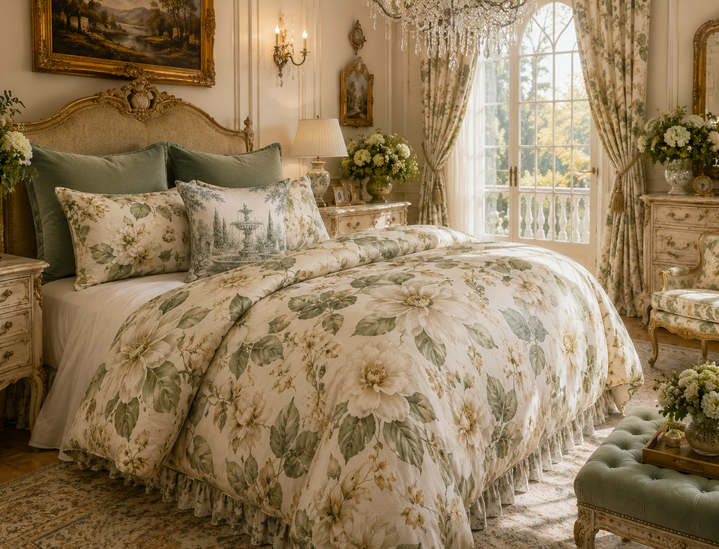 Chateaucore Ivory Sage Green Magnolia Comforter Set Floral Vintage Style Bedding Shabby Chic Victorian Queen King Twin French Romantic Bed