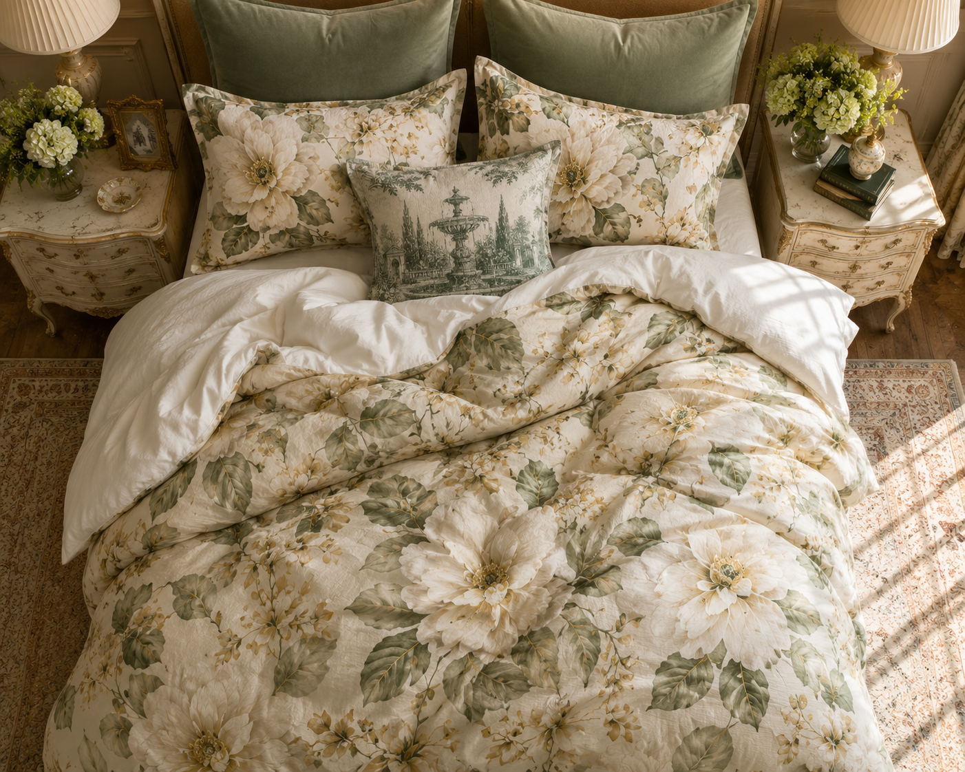 Chateaucore Ivory Sage Green Magnolia Comforter Set Floral Vintage Style Bedding Shabby Chic Victorian Queen King Twin French Romantic Bed