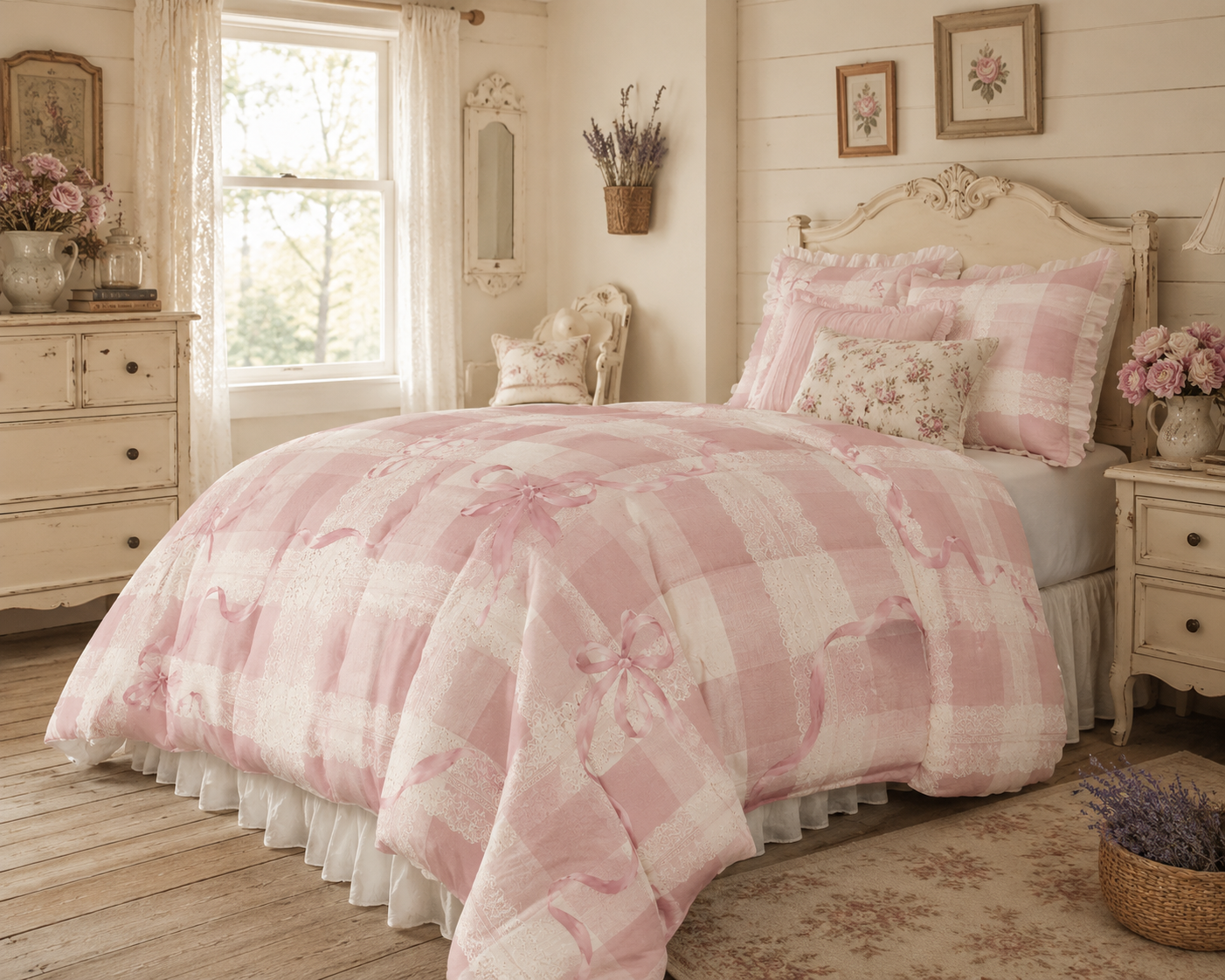 Pink Coquette Comforter Set | French Country Bedding Shabby Chic Gingham Lace Bow Bedspread Cottagecore Bedroom Decor