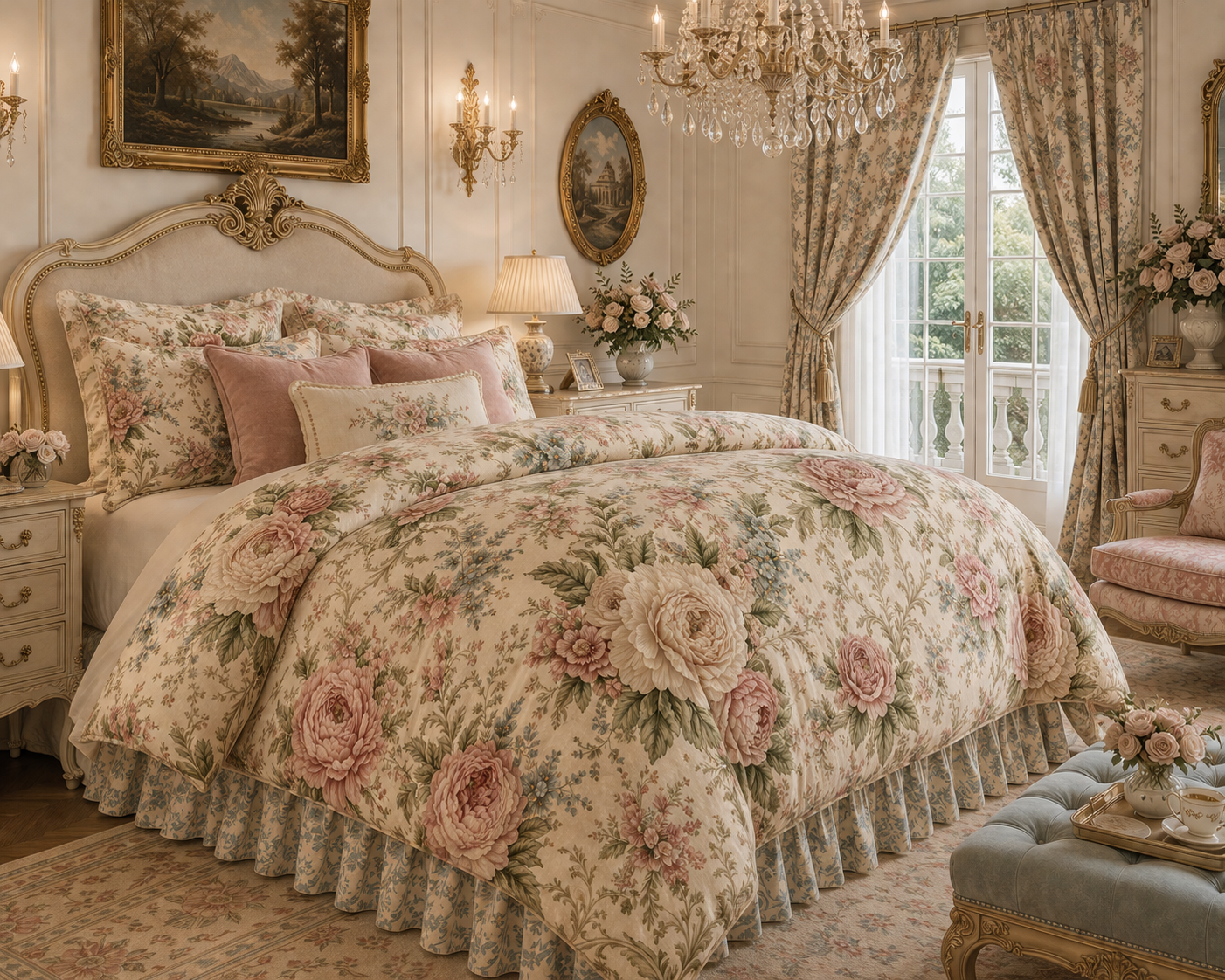 Blush Garden Peony Vintage Floral Comforter Bedding Shabby Chic Victorian Cottagecore Queen King Twin Size Decor Wedding Bed Spread Gift
