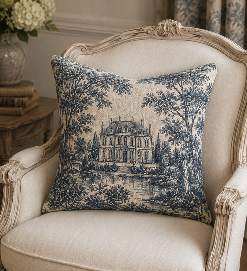 Blue French Toile Woven Pillow and Cover, French Chateau Throw Pillow, Antique Style Victorian Cottage Decor, French Country Cushion, Home Gift