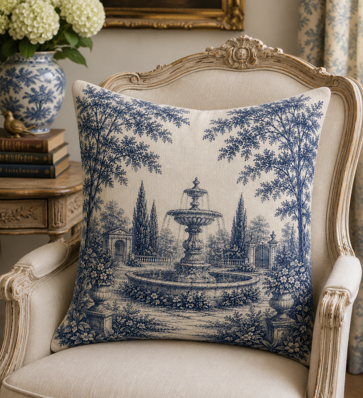 Navy Blue Toile Woven Pillow and Cover, French Fountain Throw Pillow, Antique Style Victorian Cottage Decor, French Country Cushion, Housewarming Gift