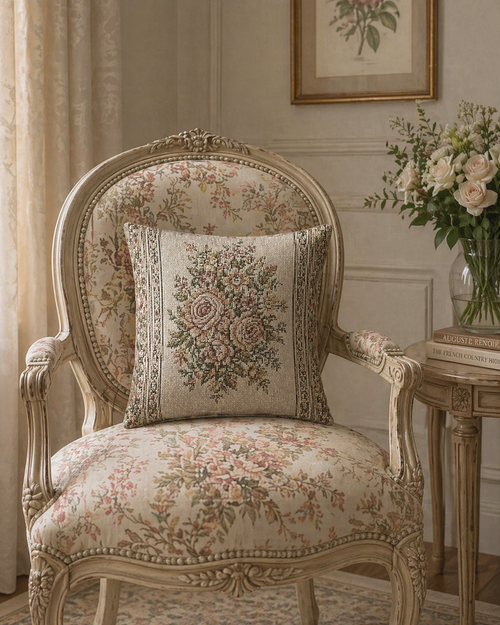Antique Style Rose Woven Pillow and Cover, Vintage French Country Throw Pillow, Victorian Gift for Wedding Housewarming, Chateaucore Layering Decor