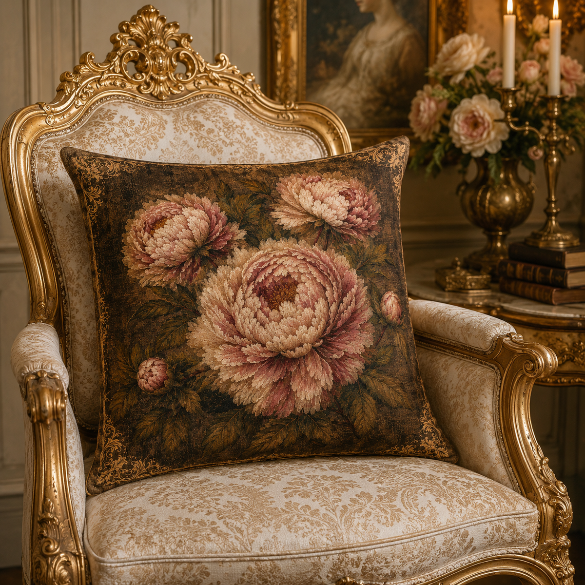 Antique Style Peonies Woven Pillow and Cover, Vintage French Country Throw Pillow, Shabby Chic Hostess Bridal Gift, Chateaucore Layering Cushion Decor