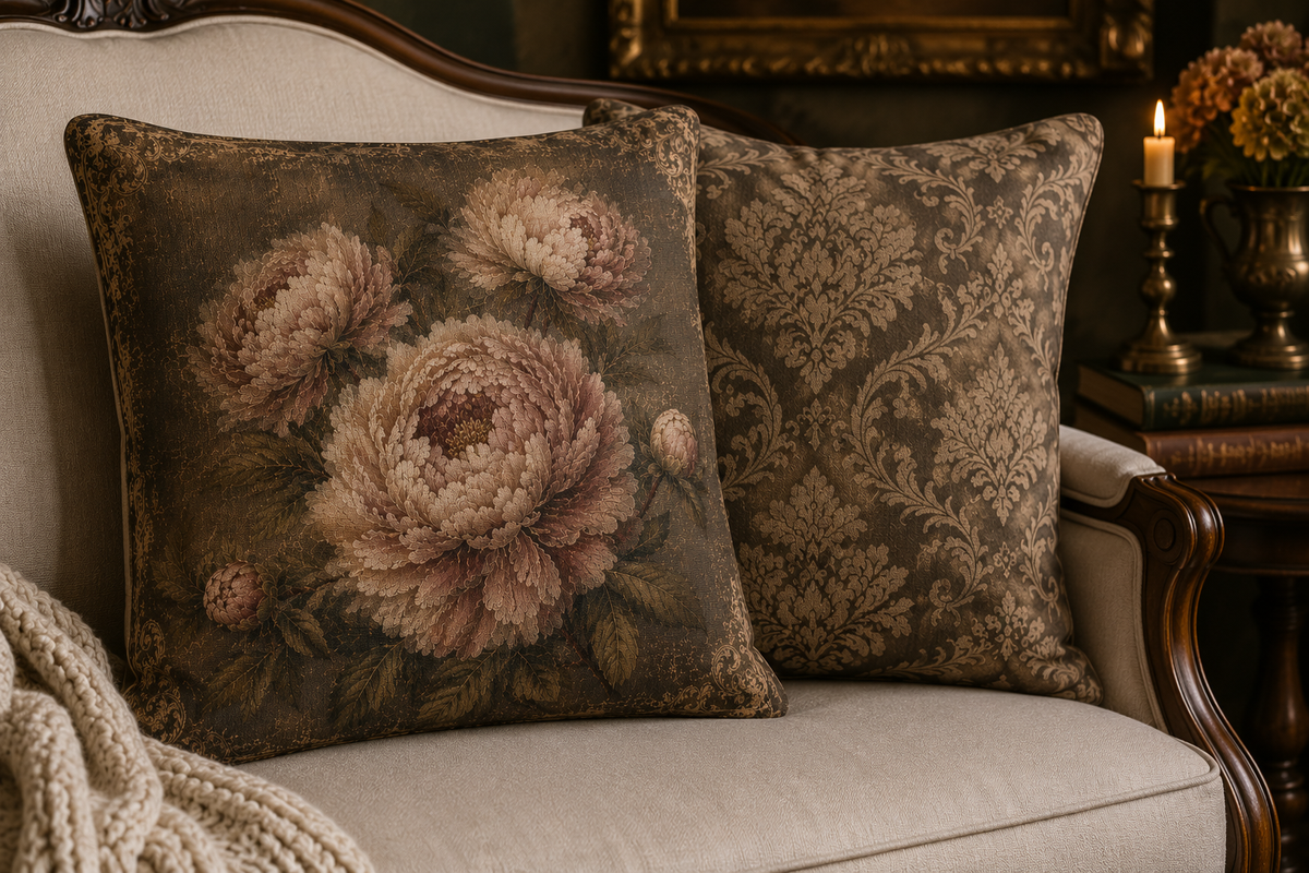 Antique Style Peonies Woven Pillow and Cover, Vintage French Country Throw Pillow, Shabby Chic Hostess Bridal Gift, Chateaucore Layering Cushion Decor