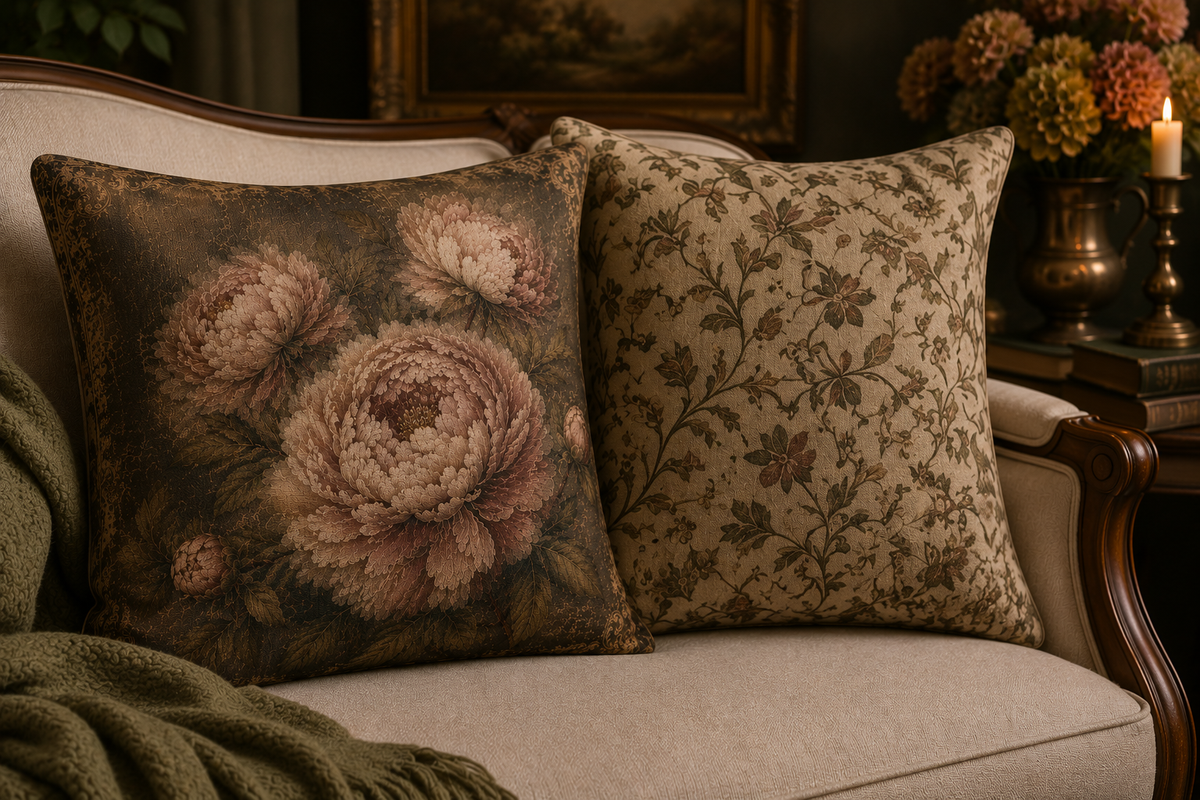 Antique Style Peonies Woven Pillow and Cover, Vintage French Country Throw Pillow, Shabby Chic Hostess Bridal Gift, Chateaucore Layering Cushion Decor