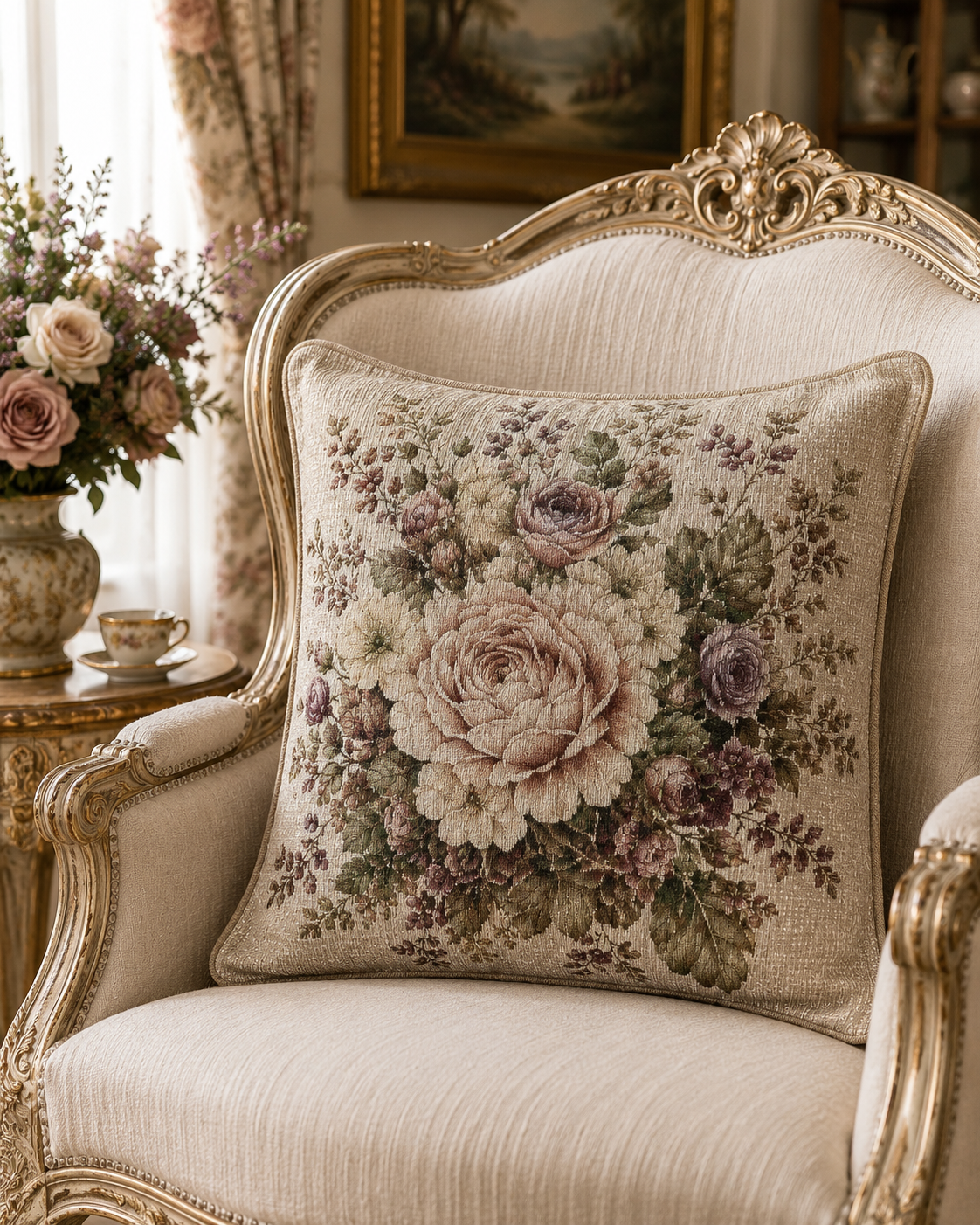 Vintage French Country Floral Woven Throw Pillow, Chateaucore Tapestry Cushion, Romantic Cottagecore Rose Decor, Shabby Chic Accent