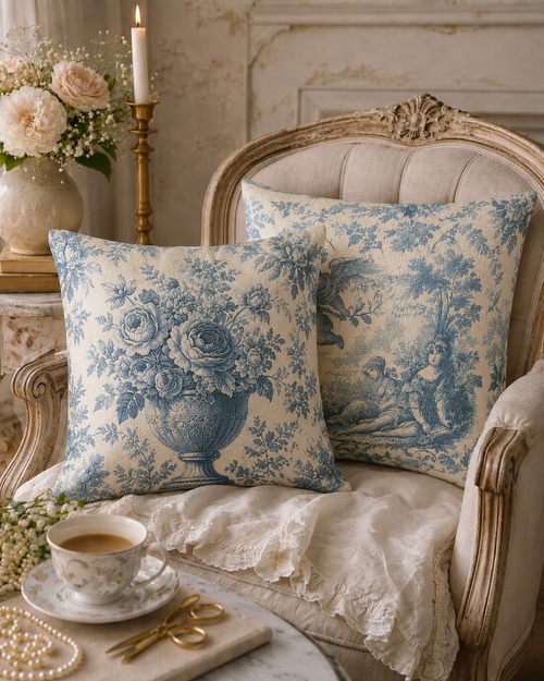 Blue French Toile Woven Tapestry Pillow – Vintage Chateaucore French Country Decorative Accent Pillow