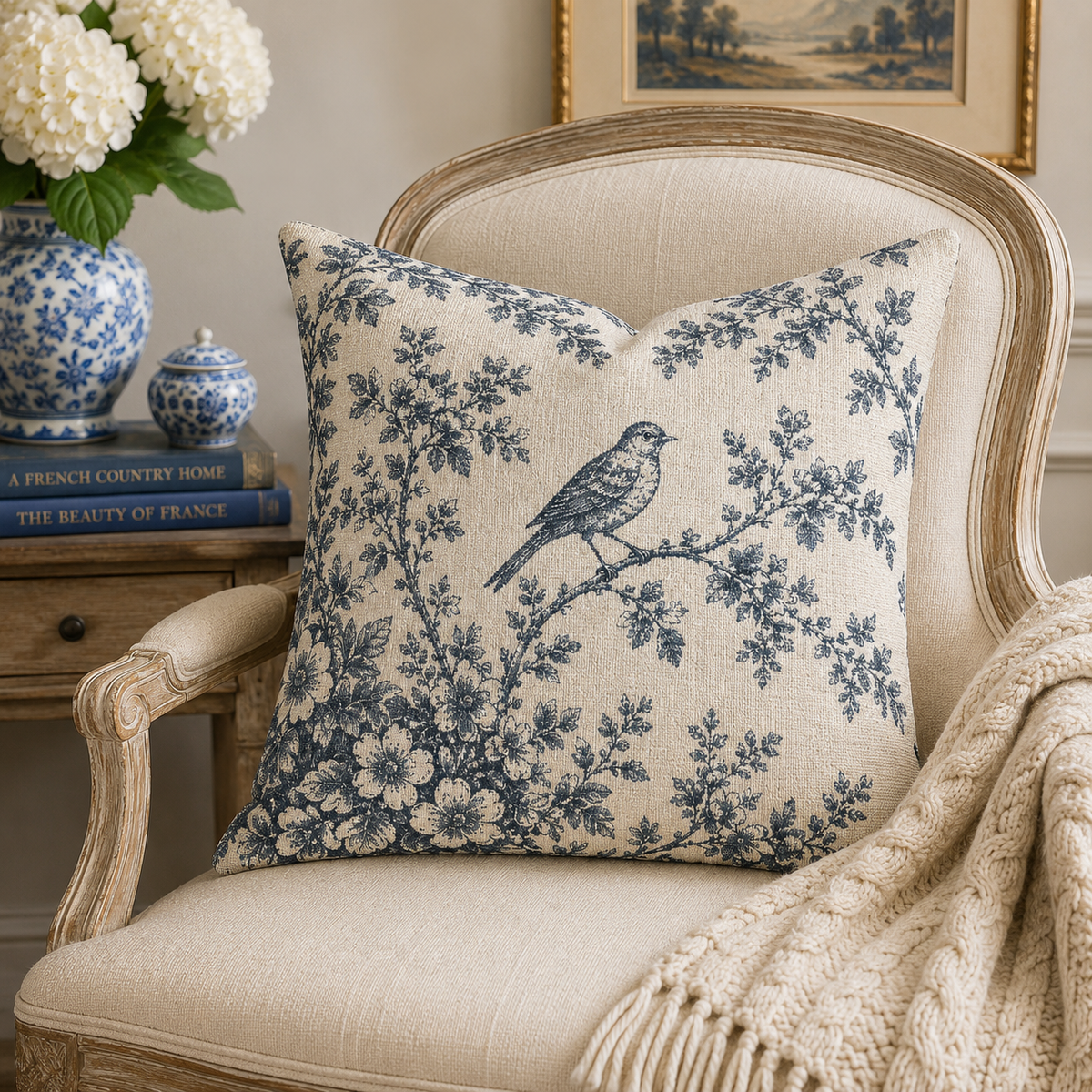 Blue Toile Bird Woven Tapestry Pillow and Cover, French Country Cushion, Victorian Shabby Chic Cottage Decor, Botanical Throw Pillow, French  Accent