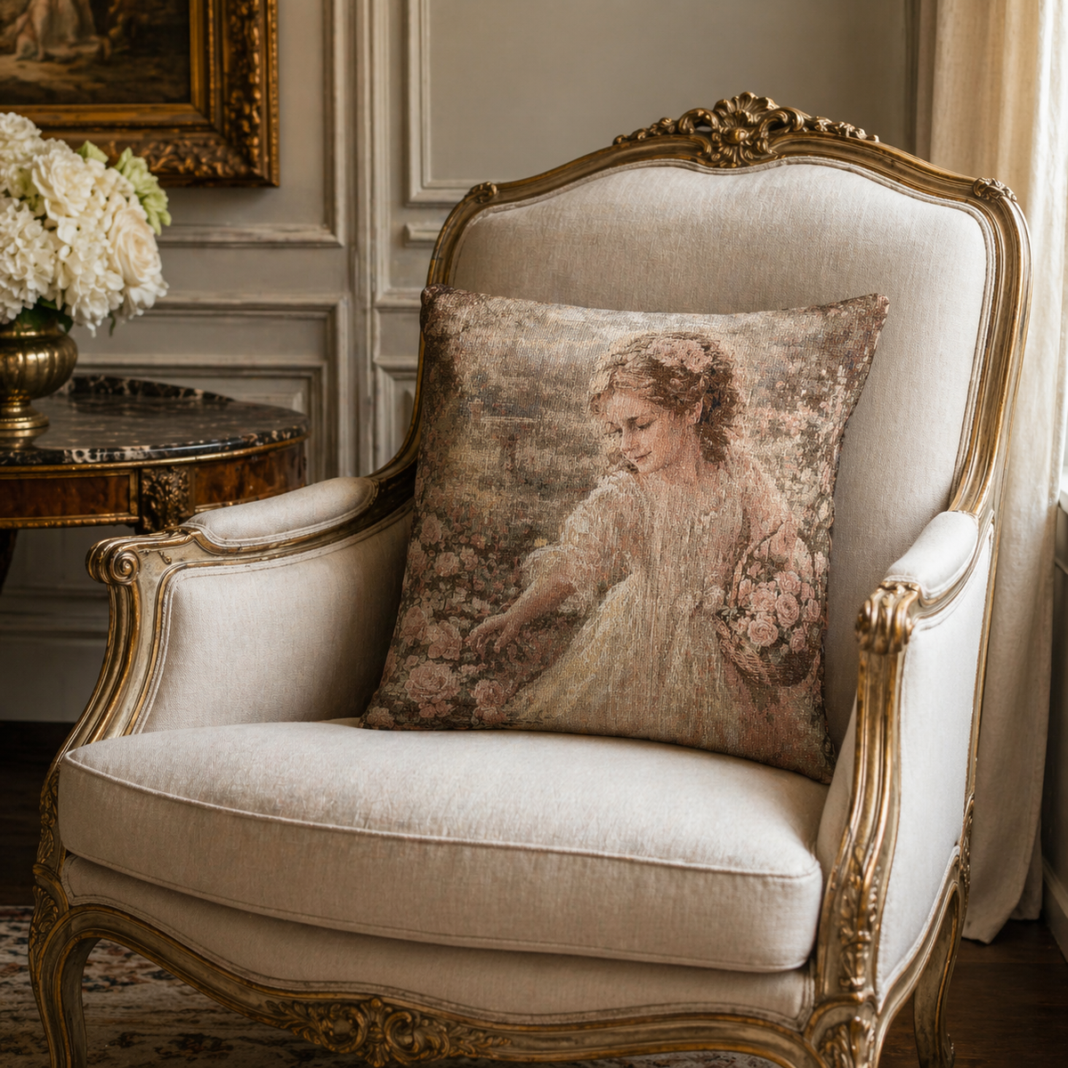 Flower Girl Woven Tapestry Pillow and Cover, Vintage French Country Throw Cushion, Antique Style Victorian Gift, Chateaucore Shabby Chic Decor