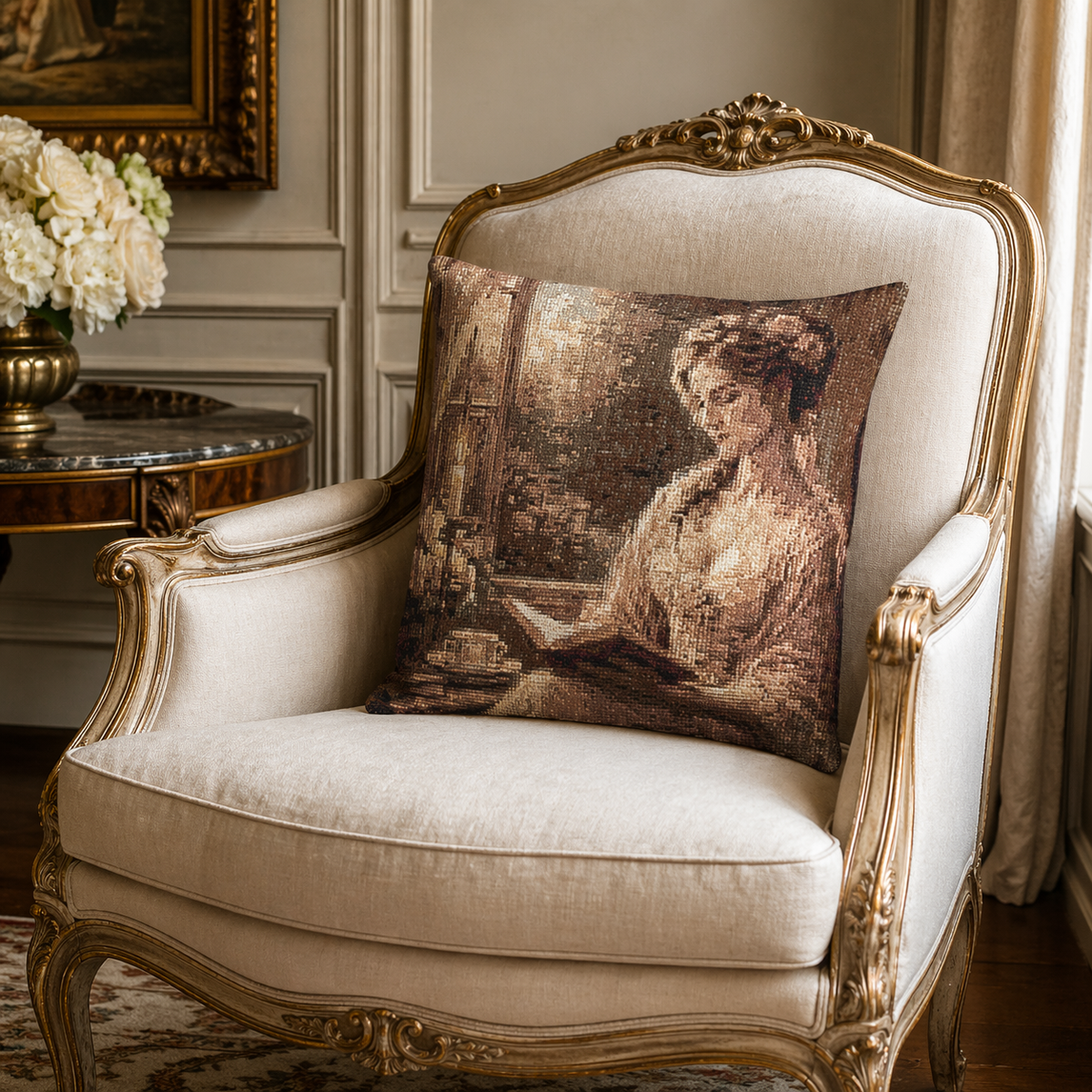 Victorian Lady Reading Woven Tapestry Pillow and Cover, Vintage French Country Throw Cushion, Antique Style Rococo Chateaucore Layering Decor