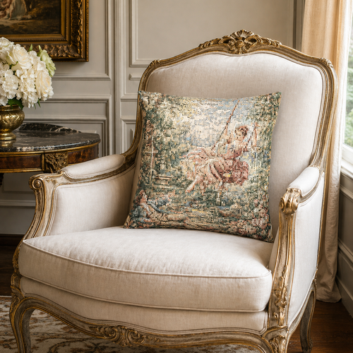 Antique Style Rococo Victorian Lady on Swing Woven Pillow, Vintage French Country Throw Pillow, Gift for Wedding, Chateaucore Layering Decor