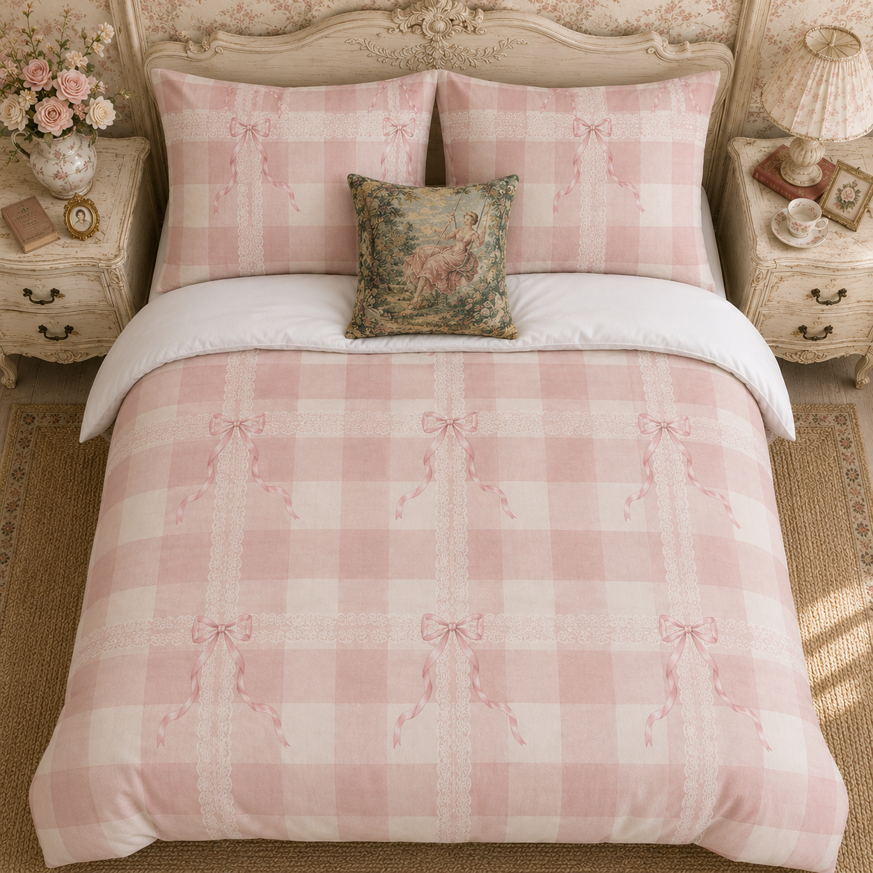 Pink Coquette Comforter Set | French Country Bedding Shabby Chic Gingham Lace Bow Bedspread Cottagecore Bedroom Decor