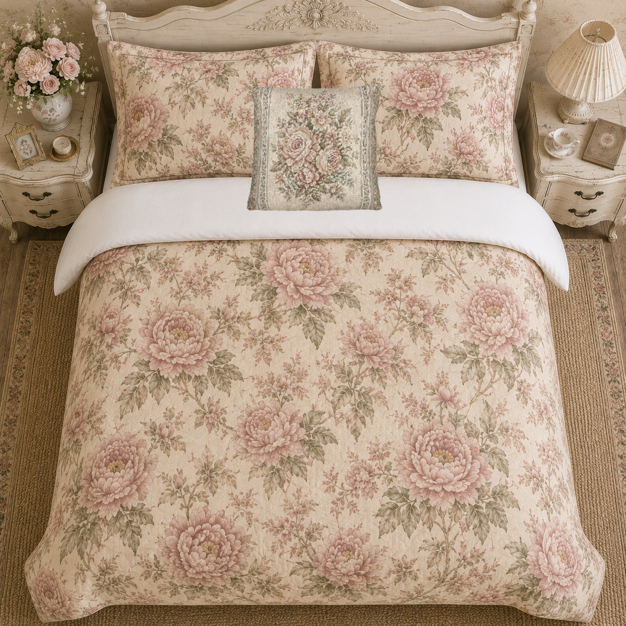 Vintage Peony Comforter Set, Chateaucore Bedding, Cottagecore Floral, French Country Bedroom Decor, Romantic Heirloom Bedspread