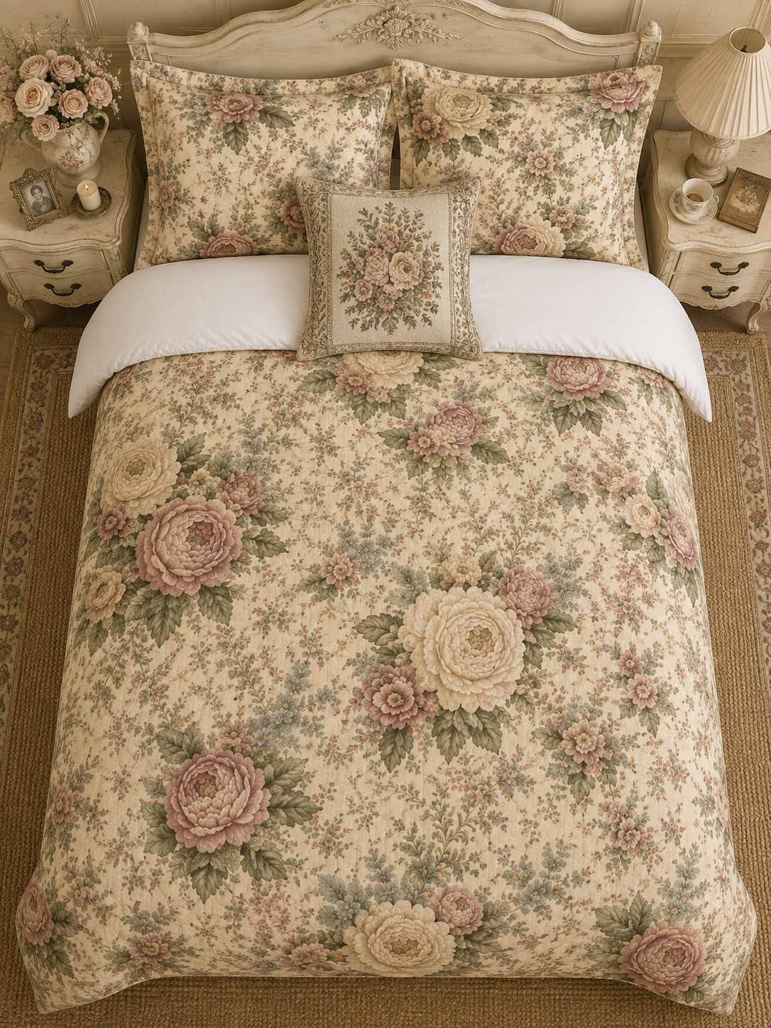 Blush Garden Peony Vintage Floral Comforter Bedding Shabby Chic Victorian Cottagecore Queen King Twin Size Decor Wedding Bed Spread Gift