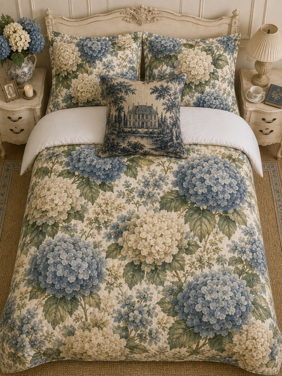 Chateaucore Dusty Blue Hydrangea Comforter Set Floral Vintage Style Bedding Shabby Chic Victorian Queen King Twin French Romantic Bed