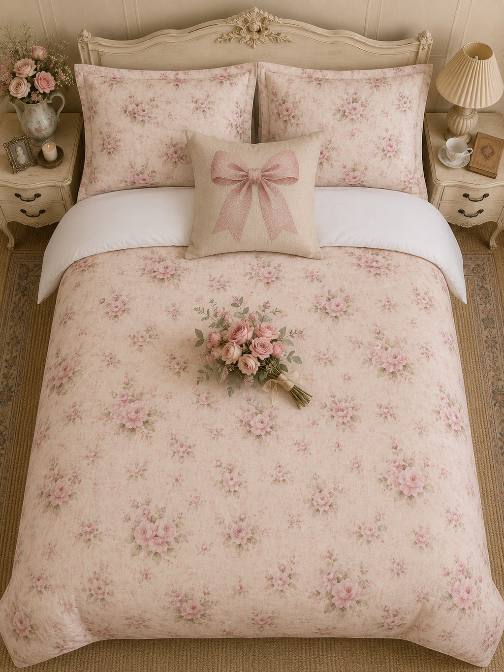 Chateaucore Pink Rose Bunches Comforter Set Floral French Country Bedding Shabby Chic Romantic Victorian Queen King Twin Size
