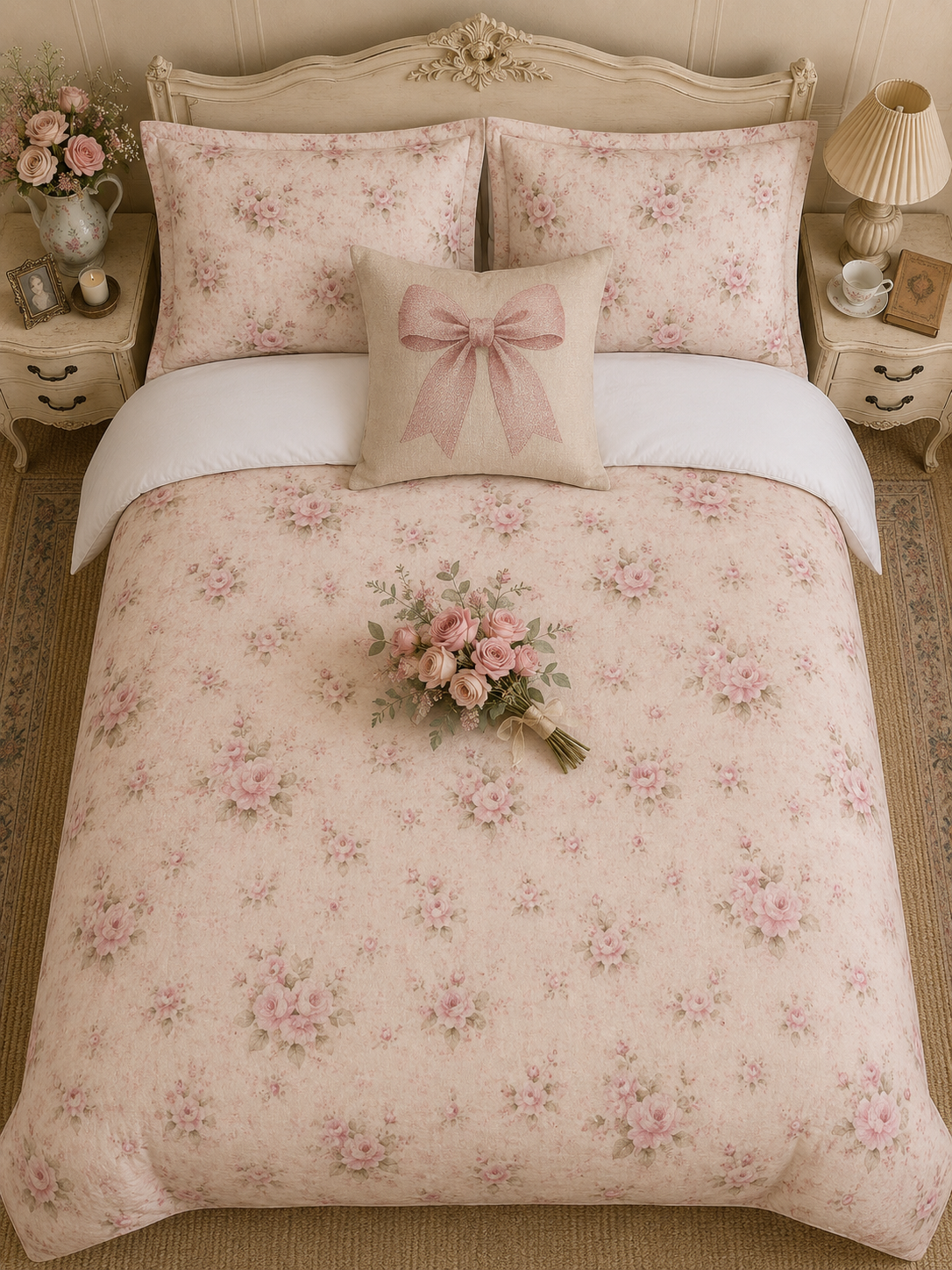 Chateaucore Pink Rose Bunches Comforter Set Floral French Country Bedding Shabby Chic Romantic Victorian Queen King Twin Size