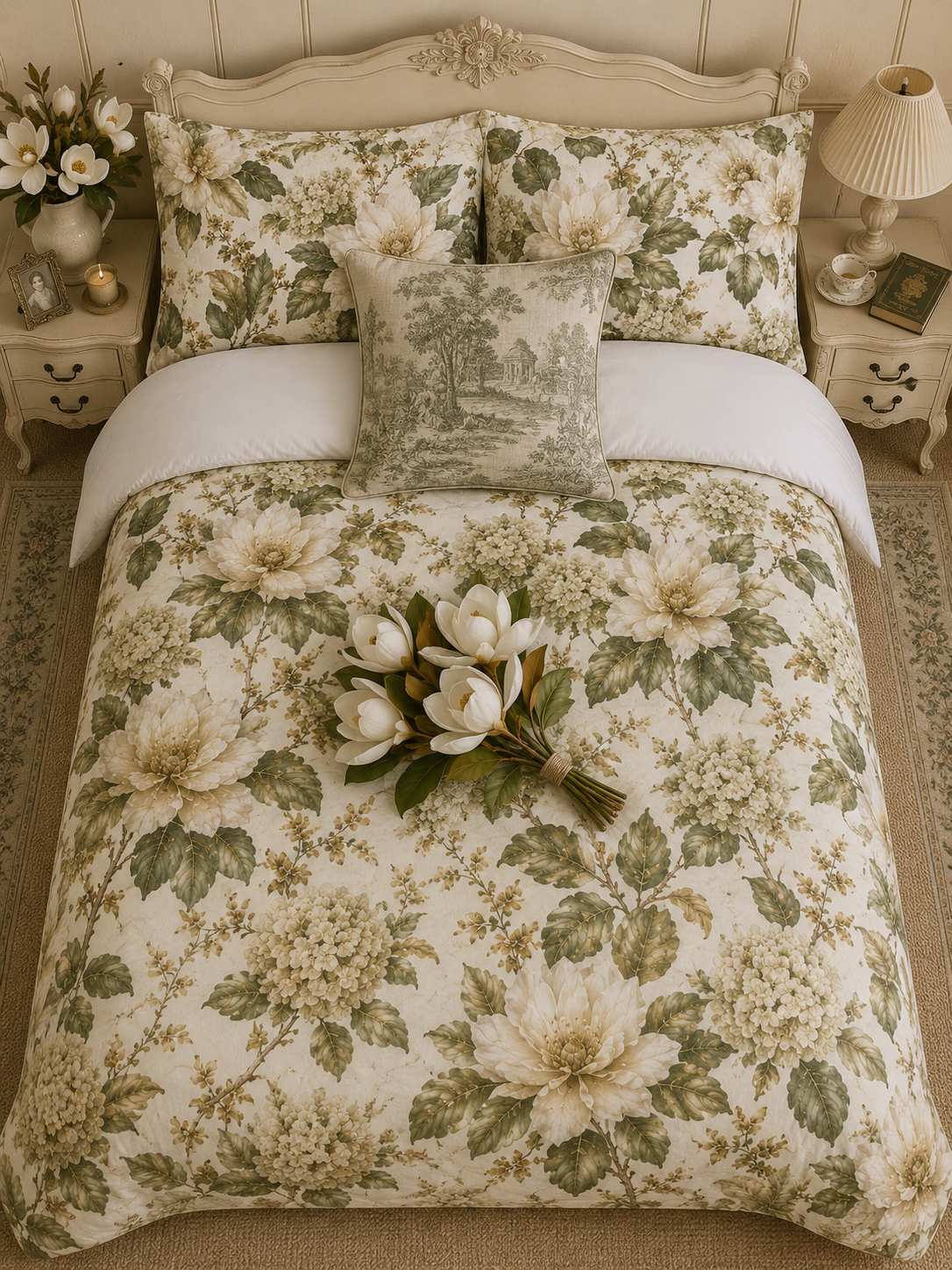 Chateaucore Ivory Sage Green Magnolia Comforter Set Floral Vintage Style Bedding Shabby Chic Victorian Queen King Twin French Romantic Bed