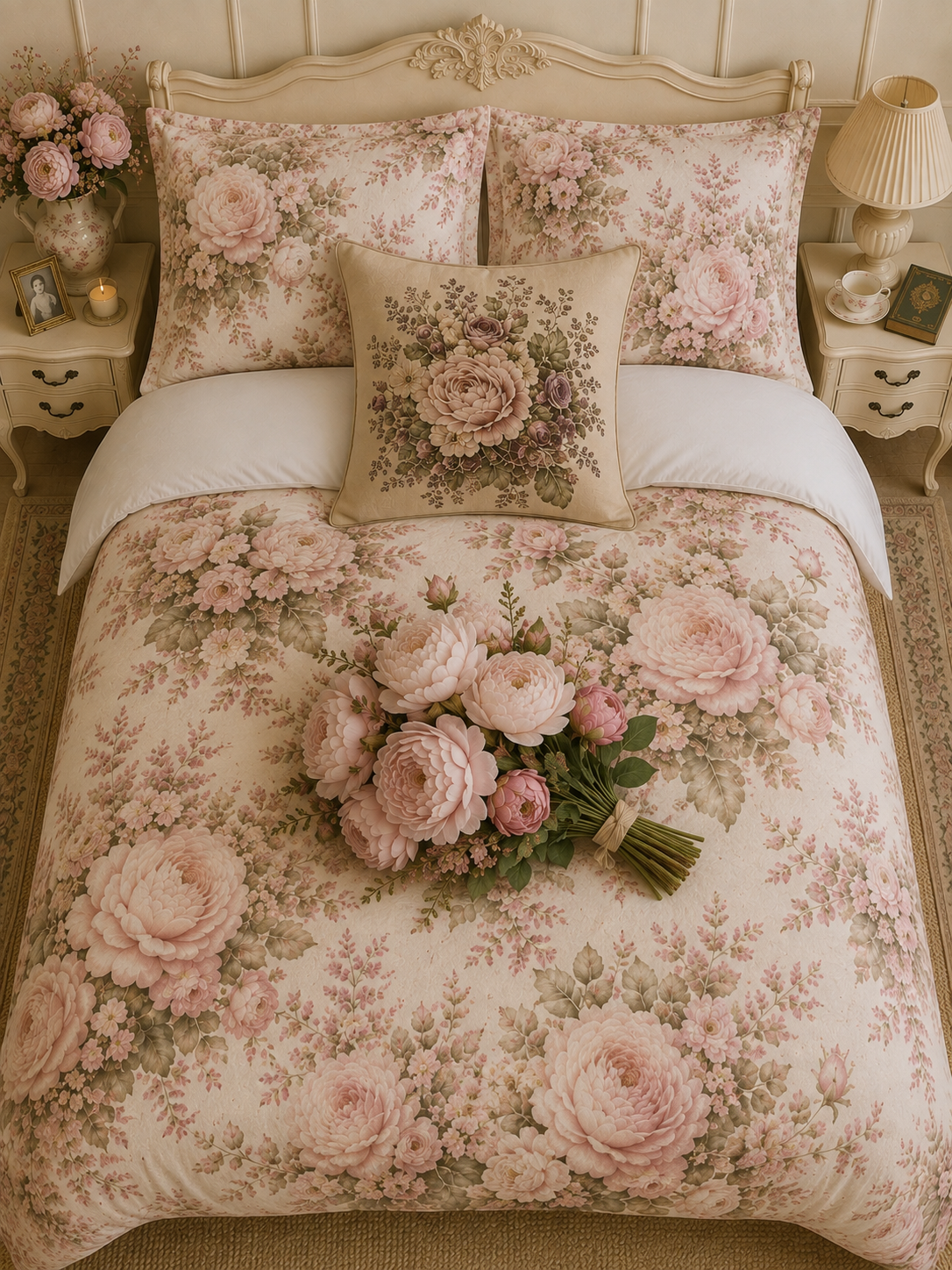 Blush Peony Floral Comforter Bedding Shabby Chic Chateaucore Victorian French Cottagecore Queen King Twin Size Decor Wedding Bed Spread Gift