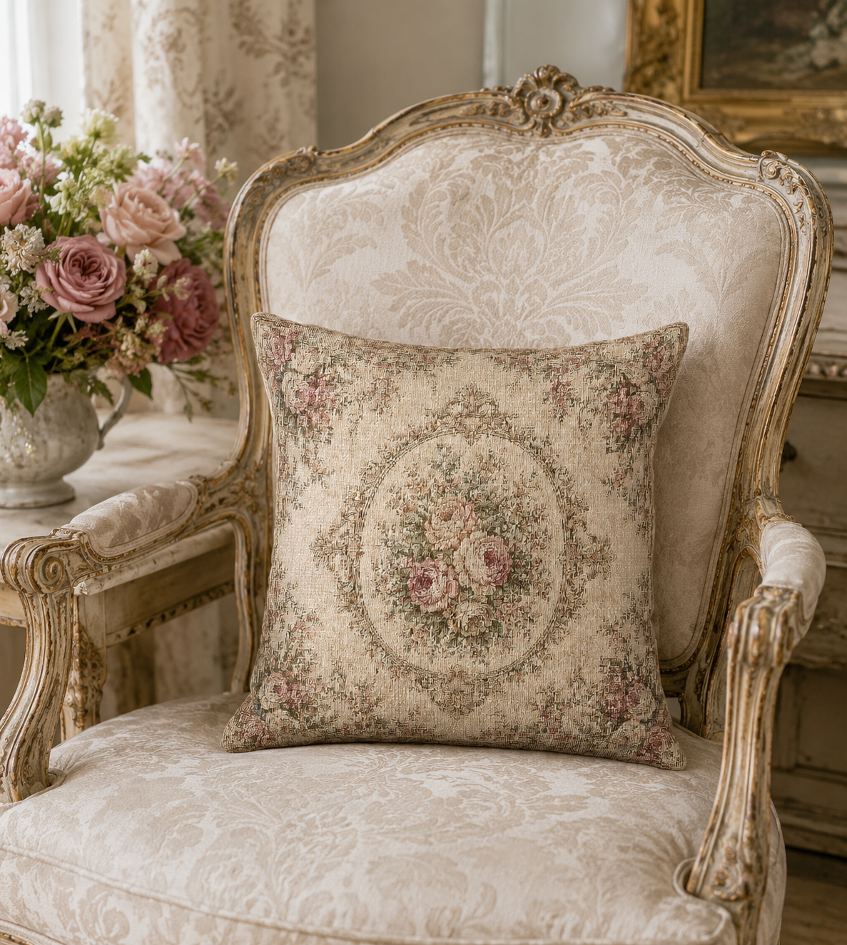 French Aubusson Floral Woven Tapestry Pillow and Cover, Victorian Floral Shabby Chic Accent, Rose Peonies Decorative Textured Antique Style Cushion