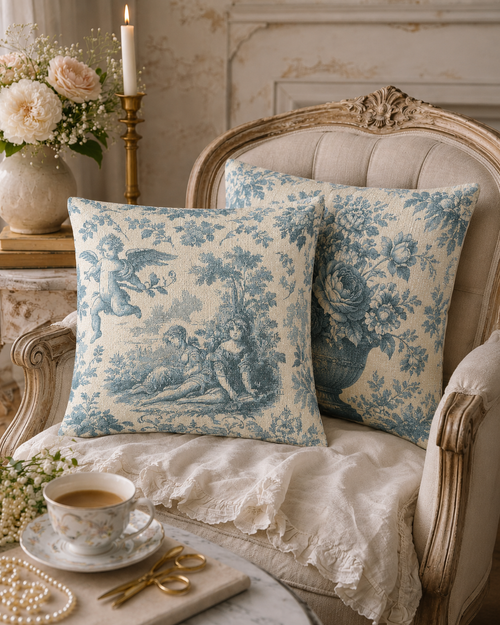 Blue Angel Toile de Jouy Woven Pillow with Cover, Vintage Chaateaucore, French Country Cherubs Throw Pillow, Victorian Gift Wedding Home Hostess Gift