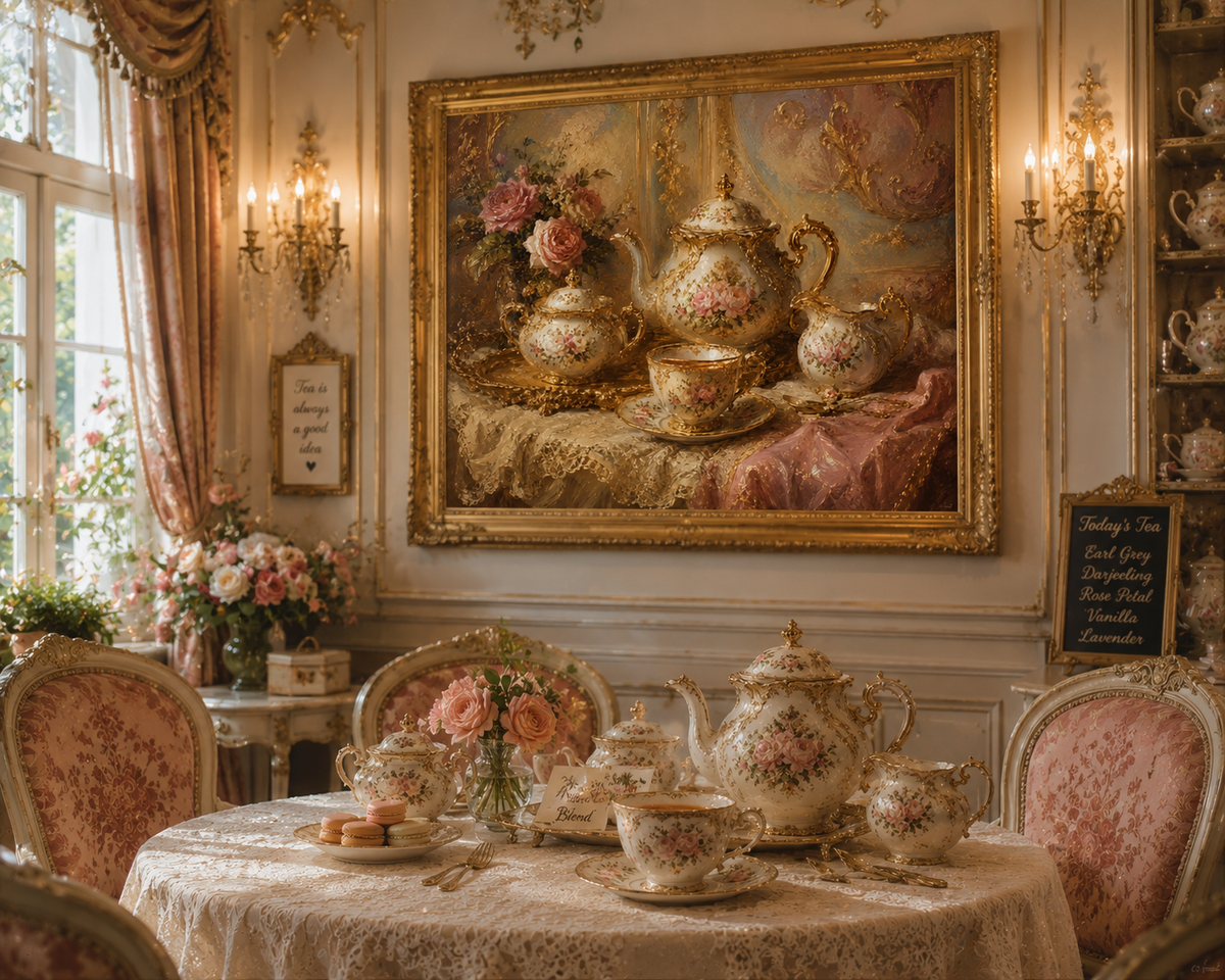 Rococo Tea Set Canvas Wall Art Print, Feminine Wall Hanging Decor, Mary Antoinette Royalty, Home Decor, Dining Room Elegant Art, Home Gift
