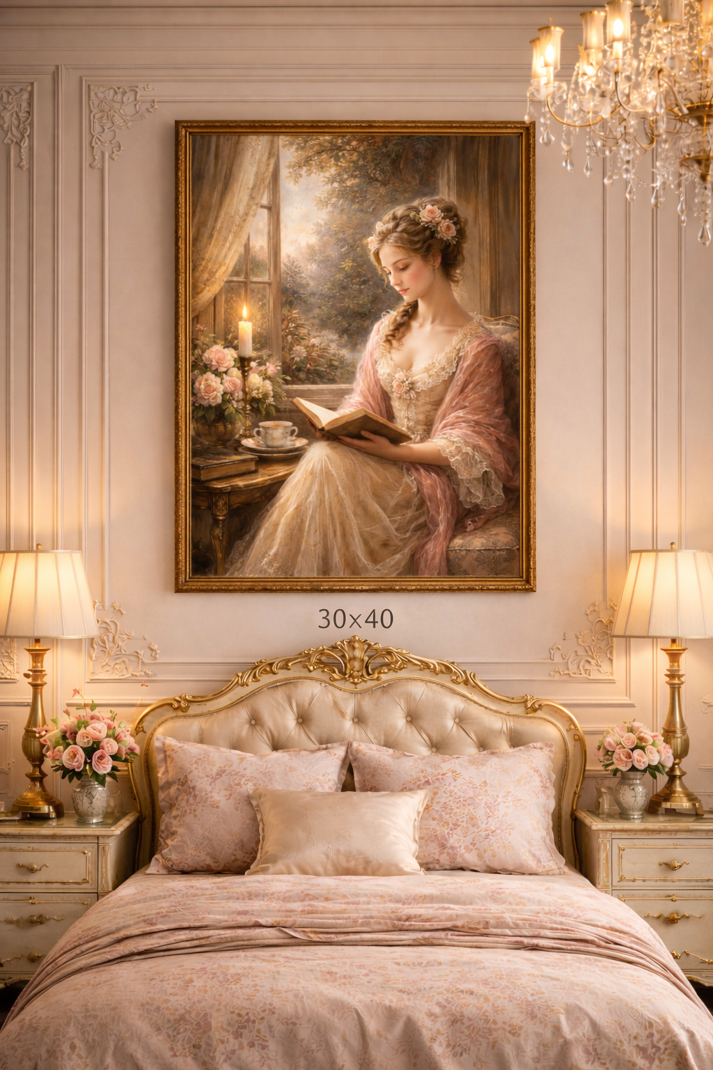 Victorian Pink Lady Reader Roses Canvas Wall Art Print, Feminine Wall Hanging Decor, Vintage 1800's Ladies, Home Decor, Gift for Her