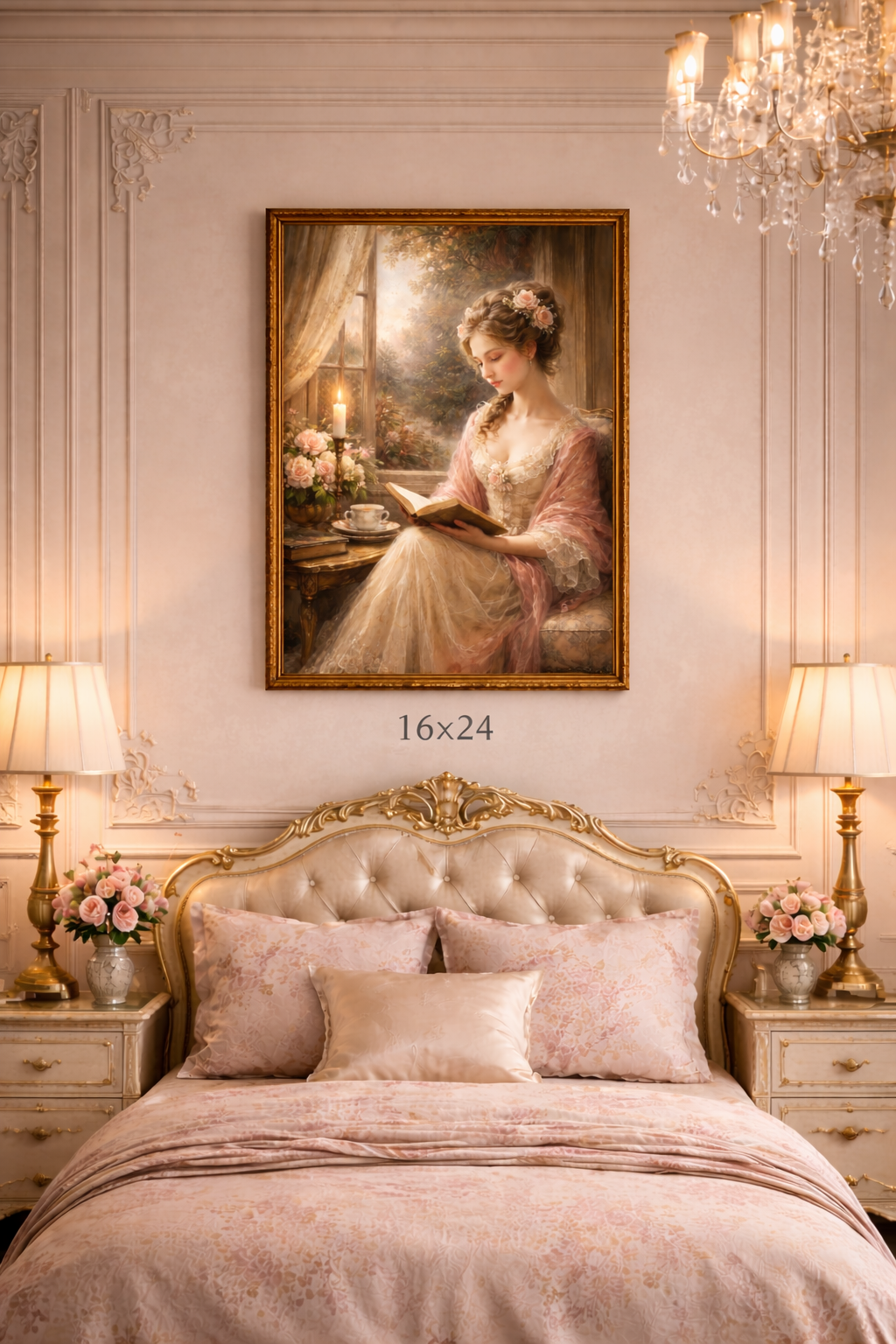 Victorian Pink Lady Reader Roses Canvas Wall Art Print, Feminine Wall Hanging Decor, Vintage 1800's Ladies, Home Decor, Gift for Her