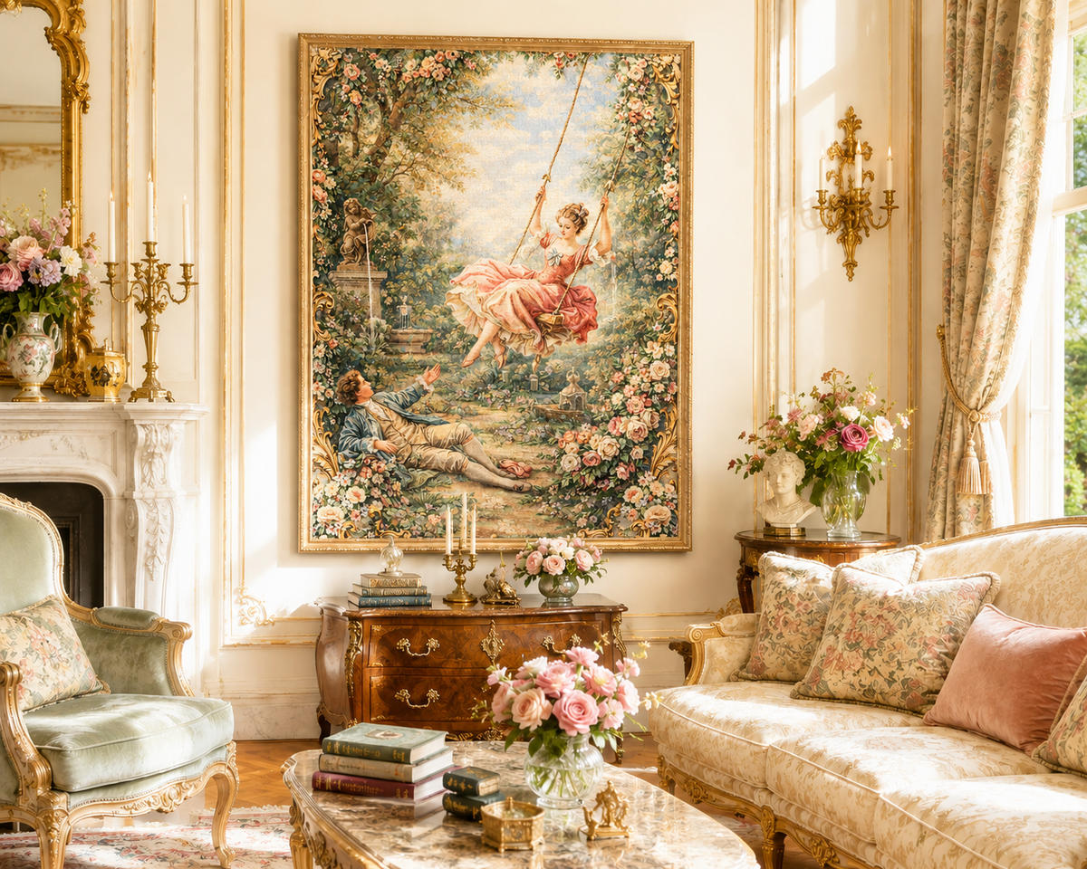 Victorian Lady on a Swing Canvas Wall Art Print, Rococo Wall Hanging Decor, Vintage Ladies, French Country Shabby Chic Decor, Home Wedding Gift