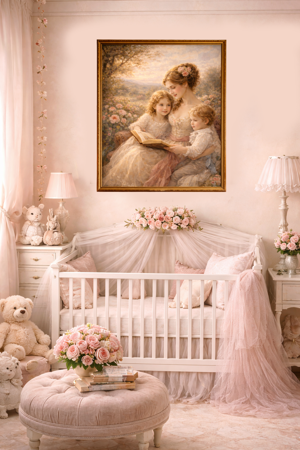 Victorian Pink Mom Reading Children Roses Canvas Wall Art Print, Woman Kids Wall Hanging Decor, Bookish  Bedroom Decor, Gift for Mom